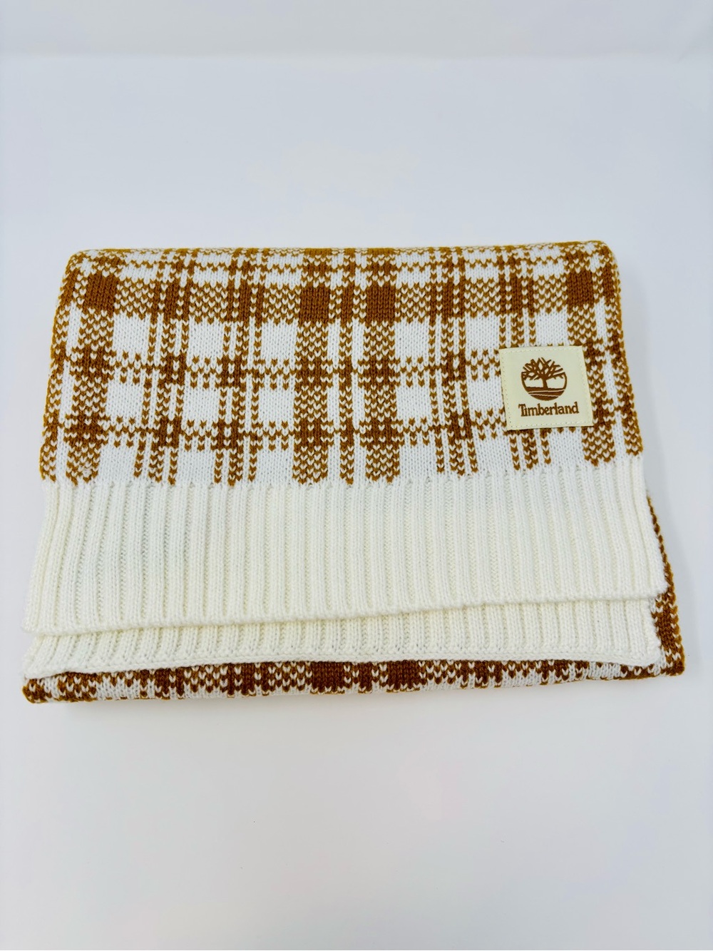 Timberland Unisex One Size Scarf New With Tags Cream and Orangeish Brown Plaid